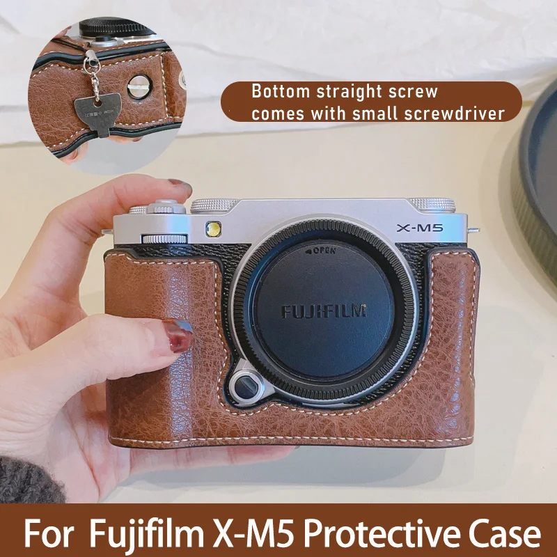 Camera Case for Fujifilm X-M5 Retro Leather Camera Bag Half Base Body Case Fuji XM5 Wrist Strap Anti-slip Outdoor Portable
