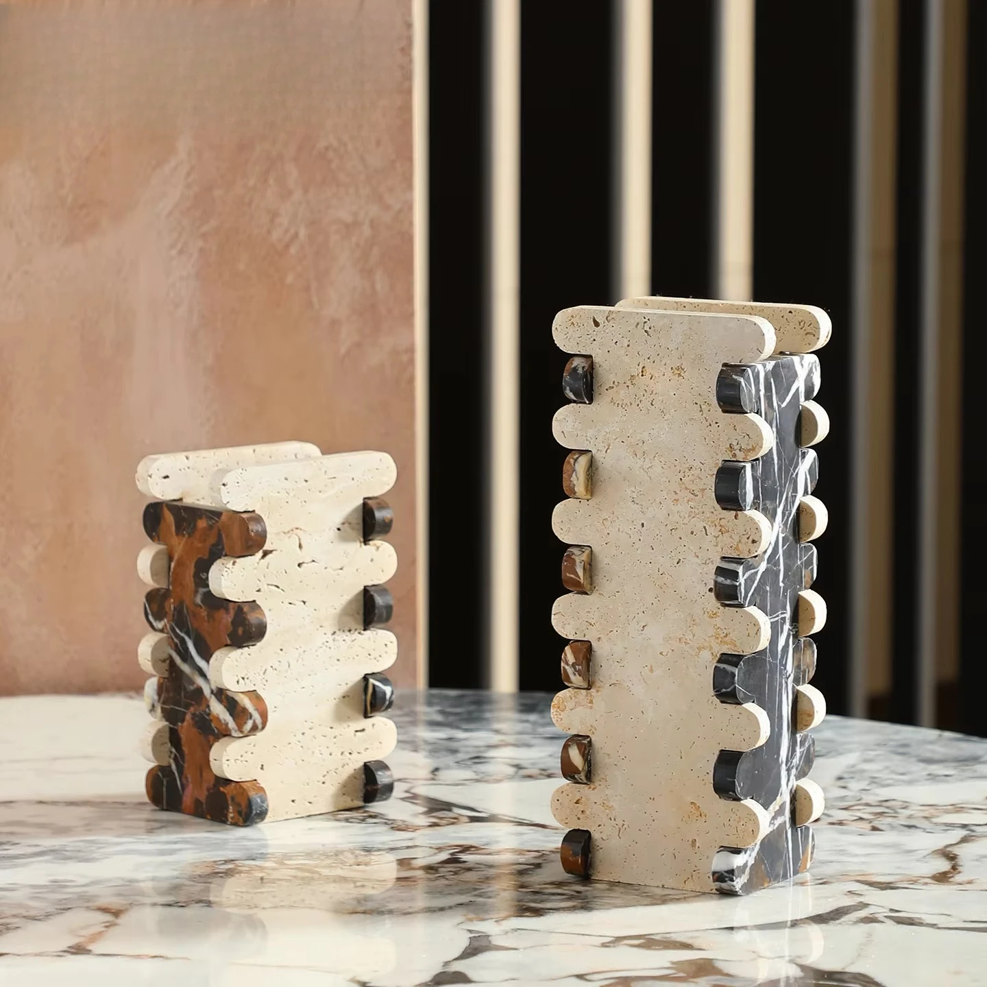 Natural Travertine Tenon Joint Vases Interlocking Stone Beige Travertine & Black Marble Geometric Vases For Wabi-Sabi Home Decor