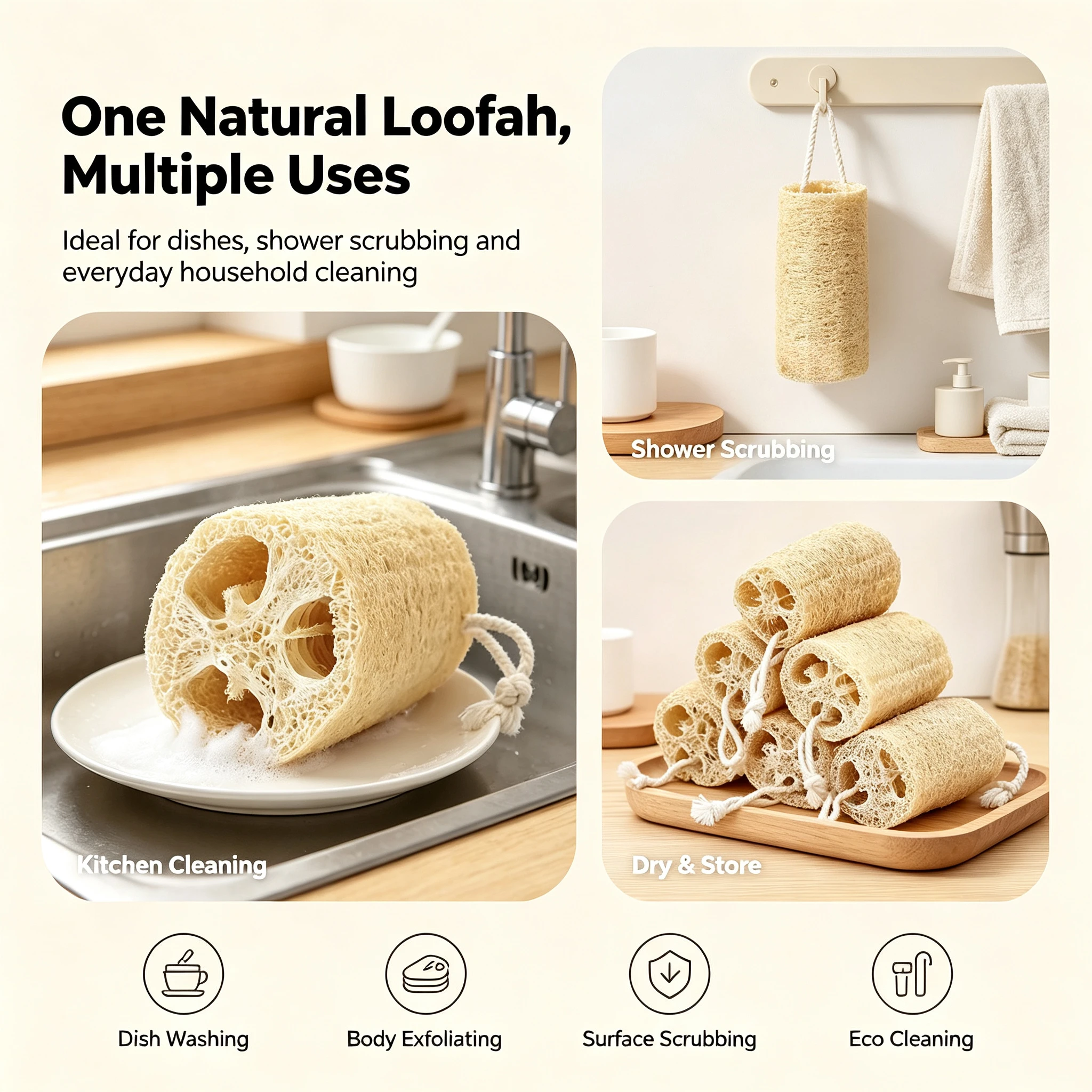 Natural Loofah Sponge Scrubber Kitchen Dish Washing & Shower Body Exfoliating Eco-Friendly Biodegradable Multi-Use Cleaning Pad