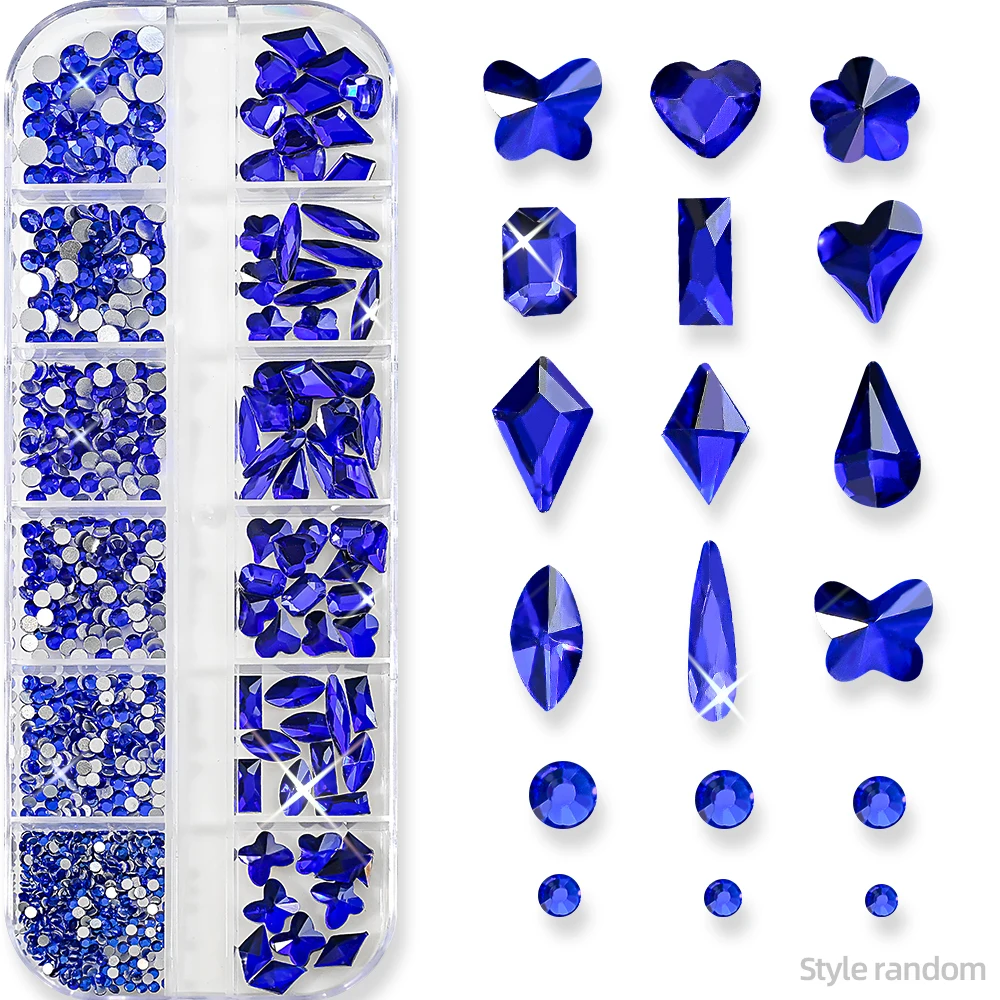 12 rasters/doos blauwe strass nagelbedels gemengd formaat multi-vormen kristal edelstenen nagel sieraden plaksteen diamant steen manicure onderdelen