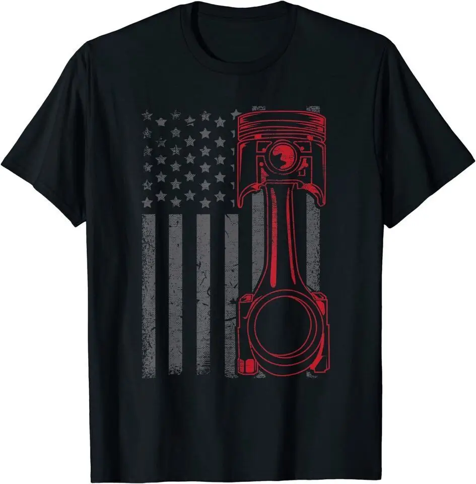 Vintage American Flag Piston Funny Muscle Car Mechanic T-Shirt Funny Tee S-5XL