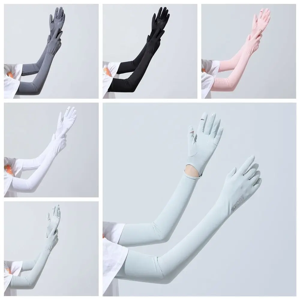 Mangas largas elásticas transpirables de seda de hielo, cubiertas de brazo con protección solar Anti-UV de Color sólido, guantes finos de ciclismo con aislamiento UV para verano