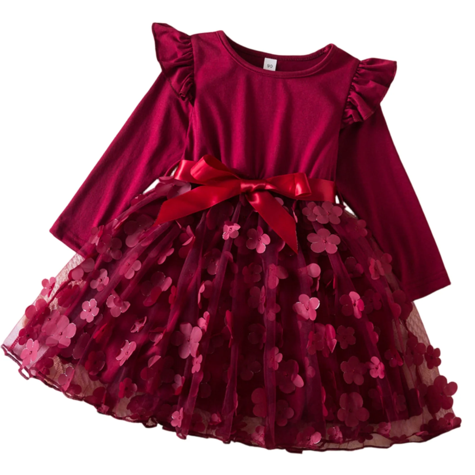 شعبية الفتيات أزياء لطيف طويلة الأكمام زهرة فستان الأميرة الشتاء أداء التخرج الملابس تصميم بسيط فستان عيد ميلاد