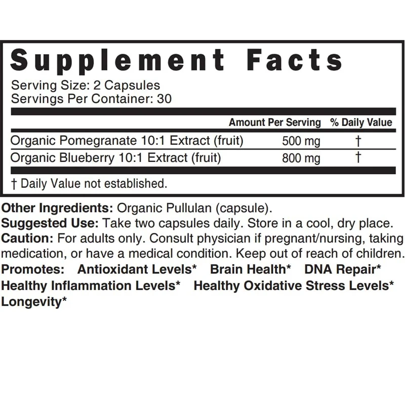 Organic Blueberry Pomegranate Supplement 1300mg - Organic Blueberry Extract Supplement -60 Blueberry Supplement Capsules