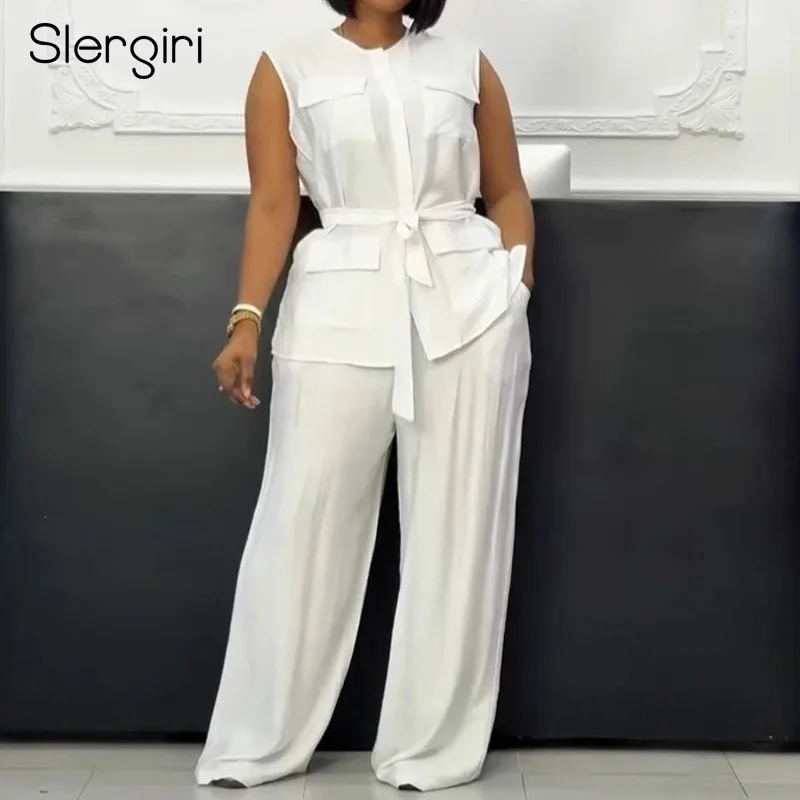 

Slergiri Women's Casual Solid Color Pant Sets 2025 Summer O-Neck Sleeveless Belted Shirt with Wide Leg Pants OL Two Piece Set