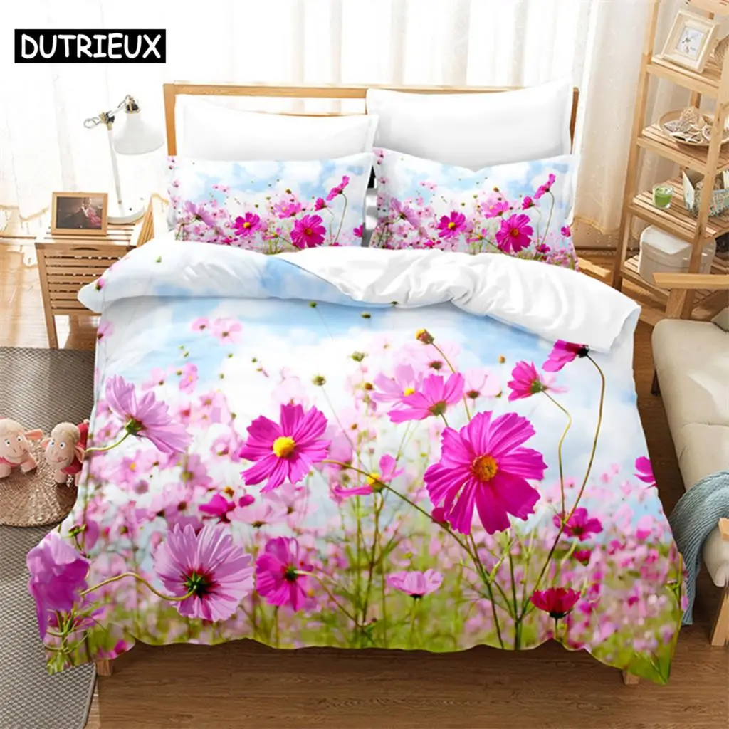 Pink Flowers Queen Bedding Set Duvet Cover Set Kids Bedding Digital Printing Bed Linen King Size Duvet Cover Set Bedding Set