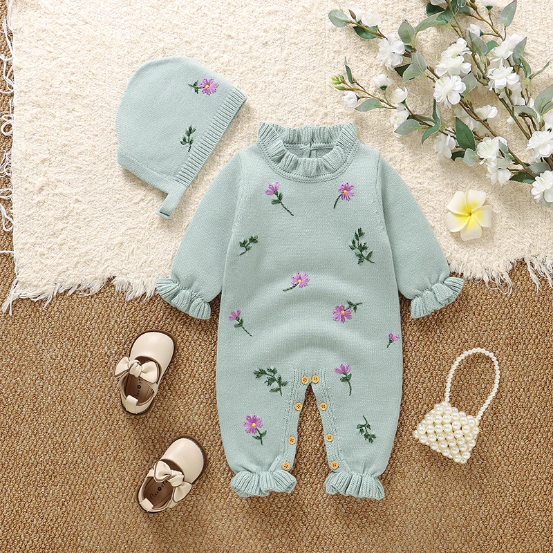 Newborn Baby Rompers Knit Girls Boy Jumpsuit Long Sleeve  Fall Infant Clothes Hat 0-18M Fashion Embroidery Ruffles Overalls 2PCS