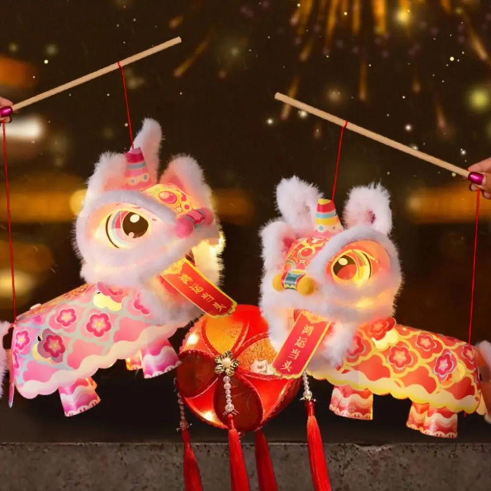 Blessing Ancient Style Lion Dance Lantern Cartoon Waterproof Luminous Lantern Handmade Material Packages Portable Lantern Craft