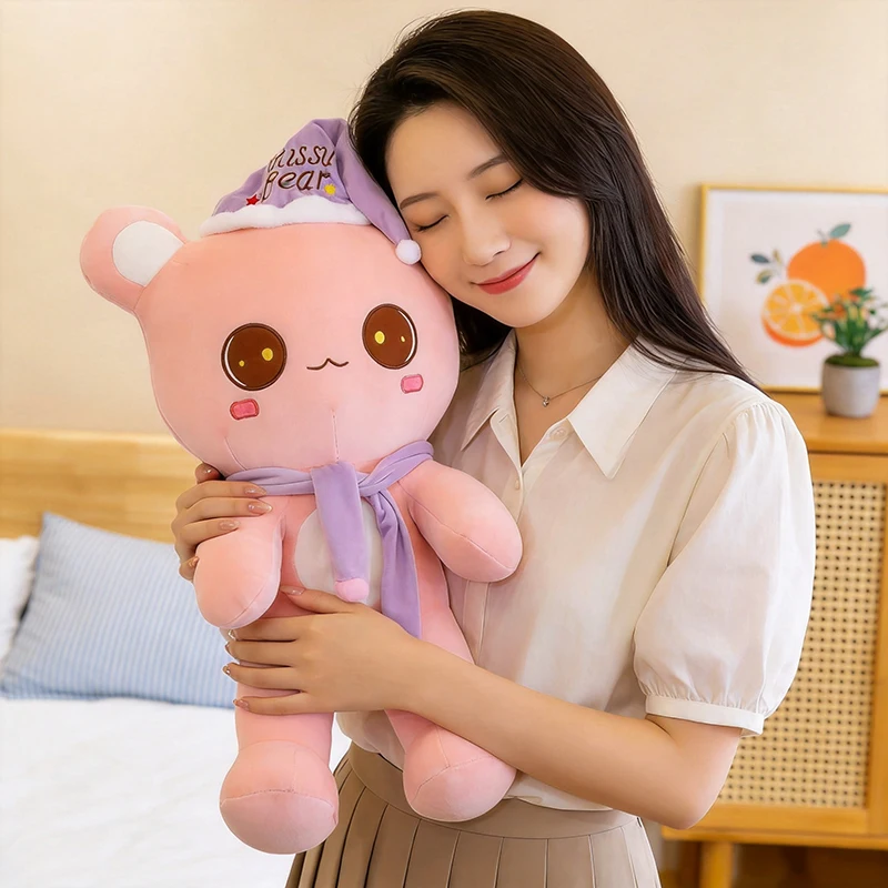 Cute Missu Bear Plush Toy Pink Sleep Hat Scarf Bear Stuffed Doll Soft Animal Pillow Kawaii Home Decor Birthday Gift for Girls