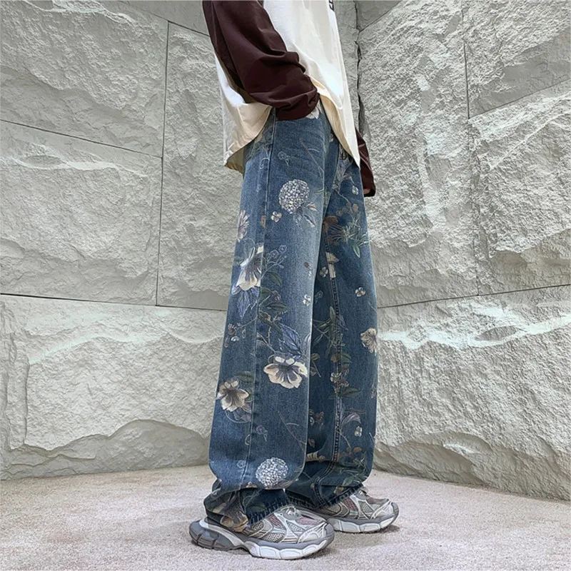 Mens Printed Jeans 2024 Spring Fashion Floral Denim Mopping Trousers Korean Style High Street Loose Hip Hop Wide-leg Jean Pants