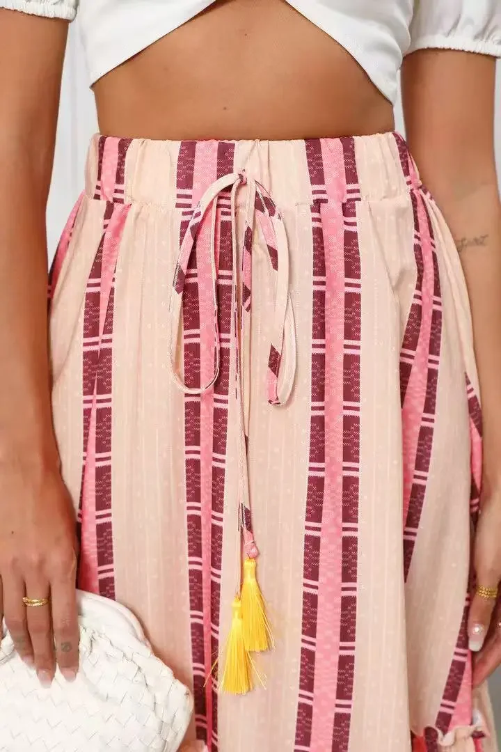 Nieuwe Vakantie Stijl Lange Rok Europa en Amerika Vrouwen Rok Zomer Print A-LIJN Kwastje Elastische Taille Rok Vrouwen Faldas Q225