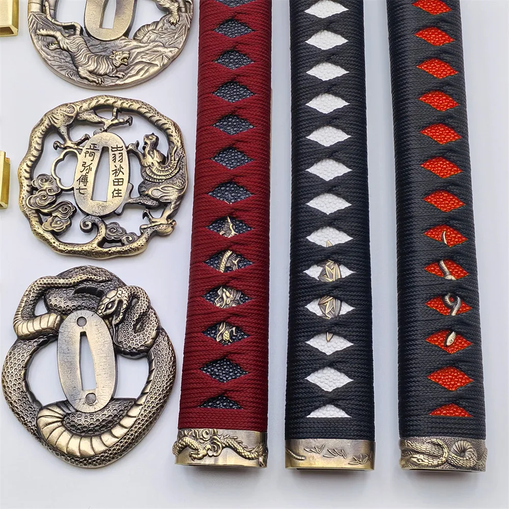 26cm Tsuka Japanese Real Katana Samurai Sword Wakizashi Fittings Set Brass Tsuba+Menuki+Fuchi+Kashira+Habaki+Seppa+Handle