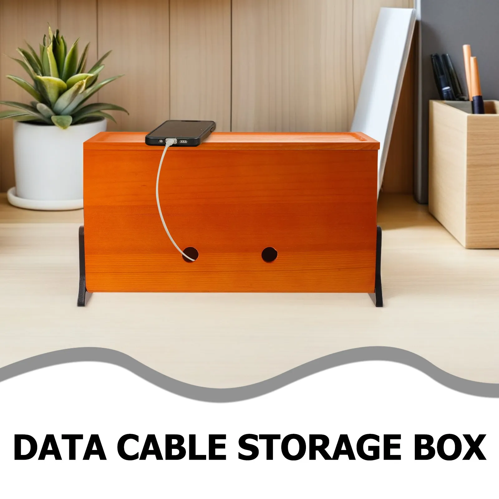 Wood Desk Cord Organizer Box Lidded Cable Management Box for Power Strips Excess Wires Discreet Desktop Wire Hiding Storage