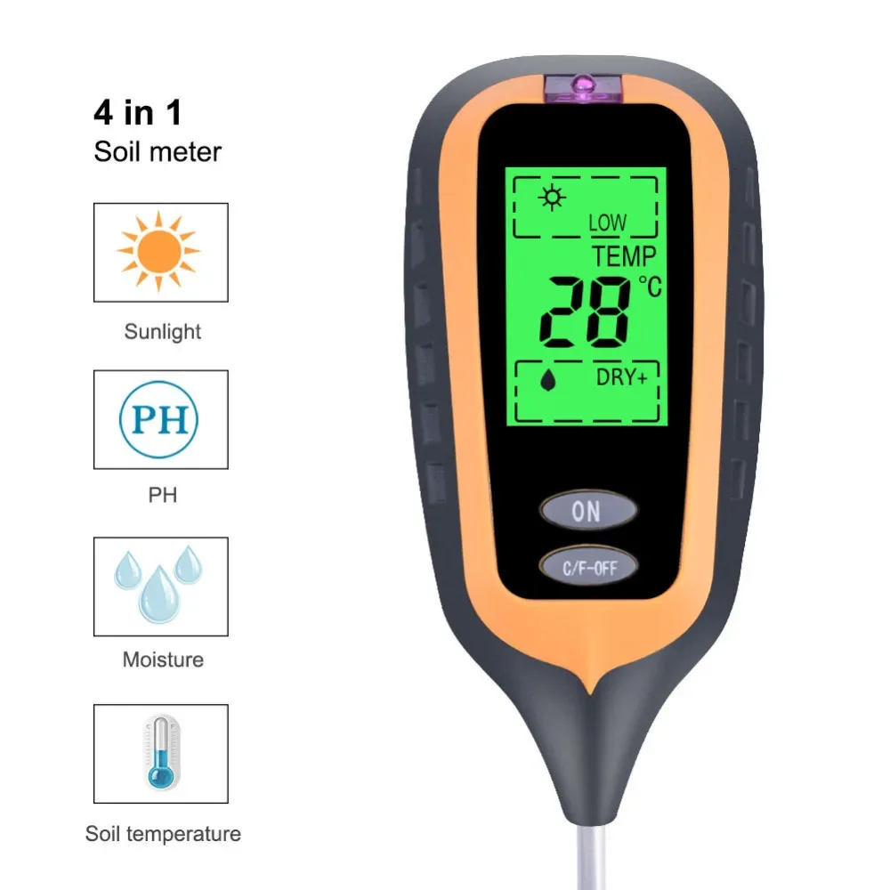 

4 IN 1 Digital Soil Moisture Meter PH Meter Temperature Sunlight Tester for Garden Farm Lawn Plant with LCD Displayer