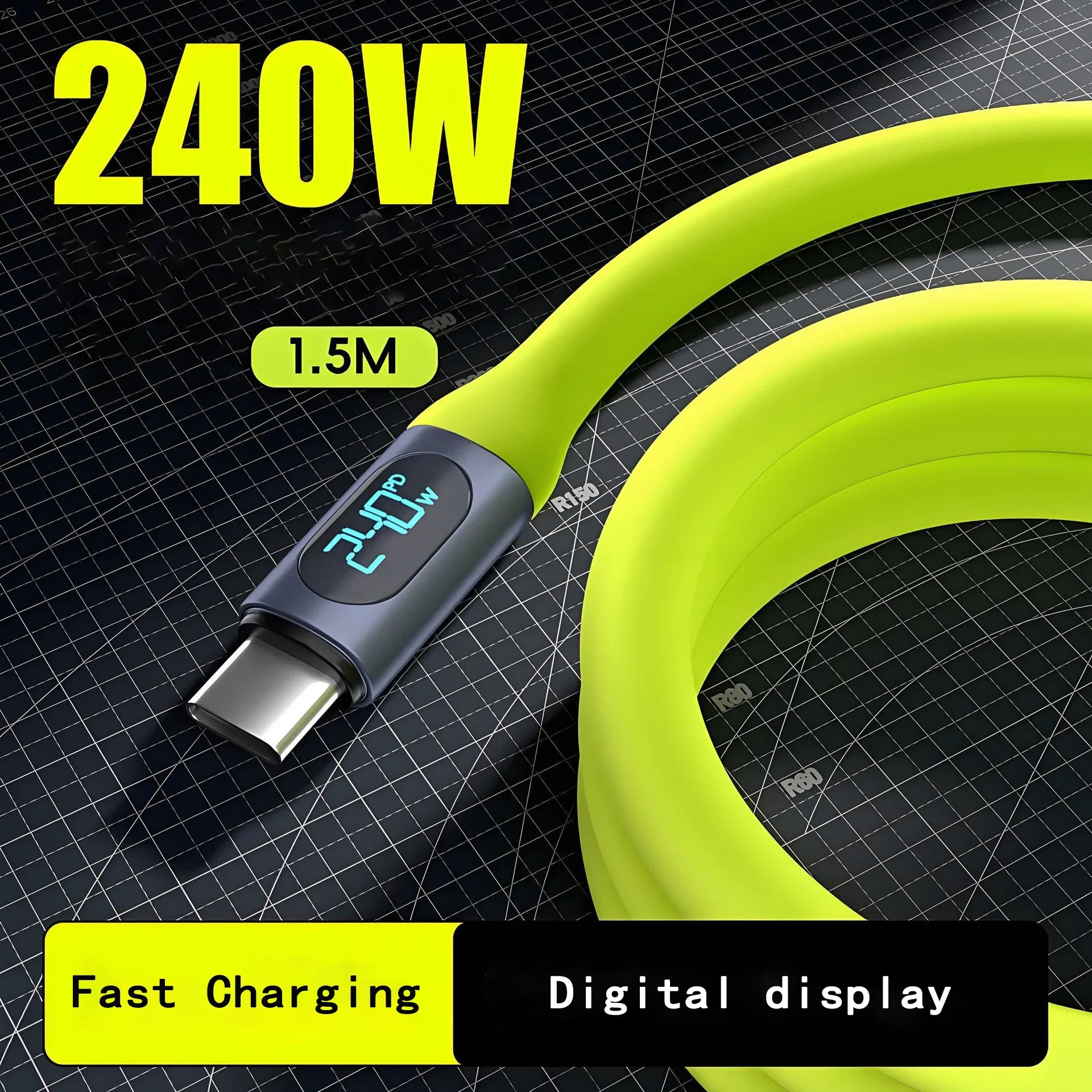240 W Schnelllade-USB-C-Kabel mit Digitalanzeige, Leistungsmesser für iPhone 15 16 Xiaomi Samsung Huawei Phone, 1,5 m, flüssiges Silikon – Detail 1