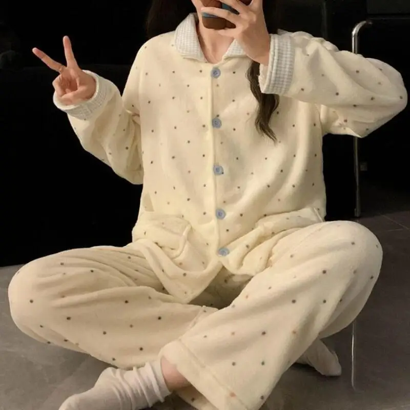 

Women's Polka Dot Homewear Pajamas Set Velvet Fleece Female Korean Version Spring Autumn Winter Warm Thick Sleepwear Loungewear