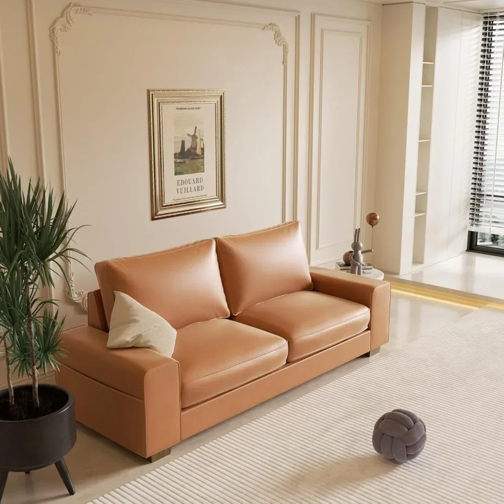 Loveseat de 2 lugares de meados do século em couro sintético com braços largos e bolsos laterais, estrutura de madeira maciça para uso em vários ambientes