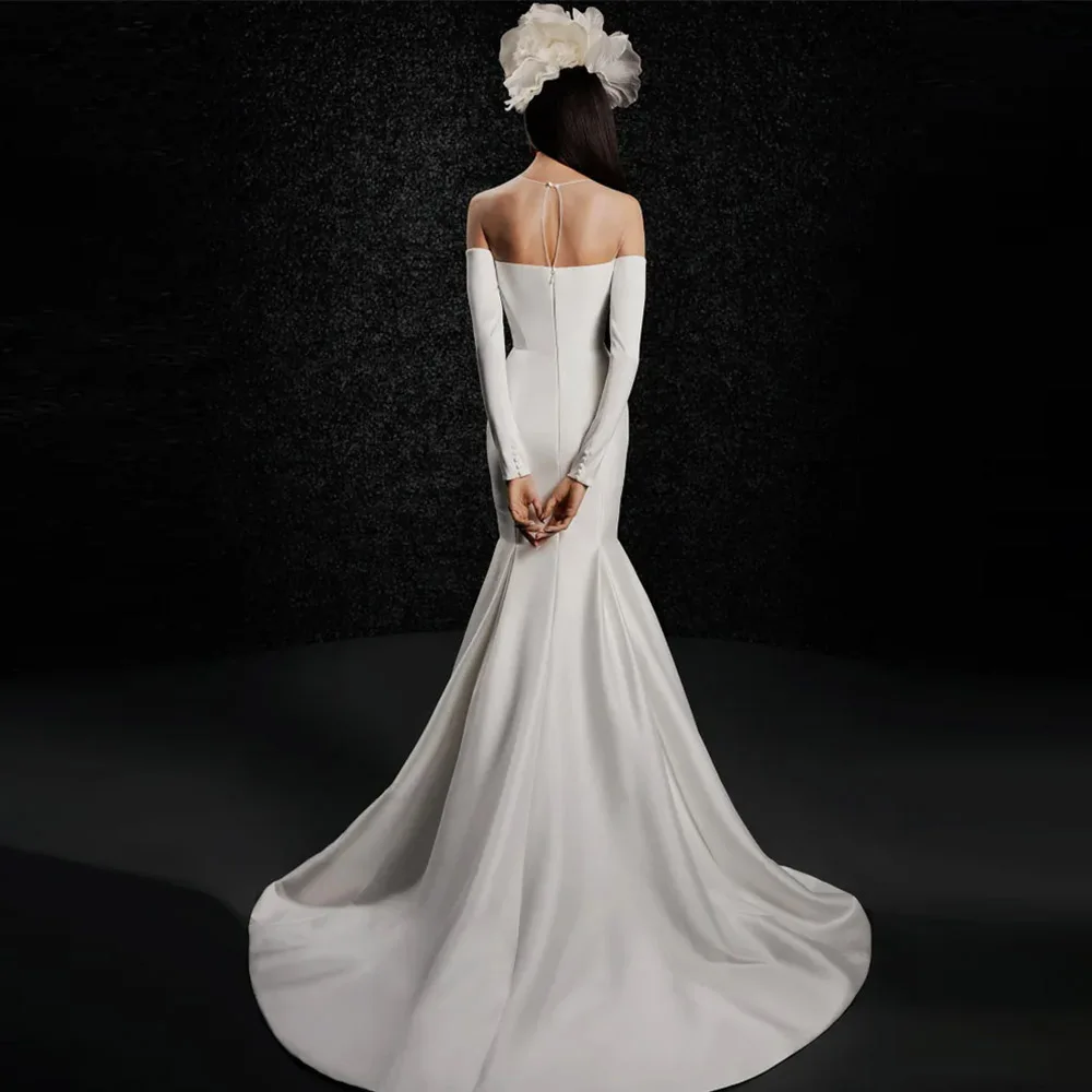 Vestidos de novia largos y profundos personalizados con cuello en V, Vestido de novia de crepé de sirena con cremallera plisada en la espalda, vestidos de novia con tren de barrido para mujer