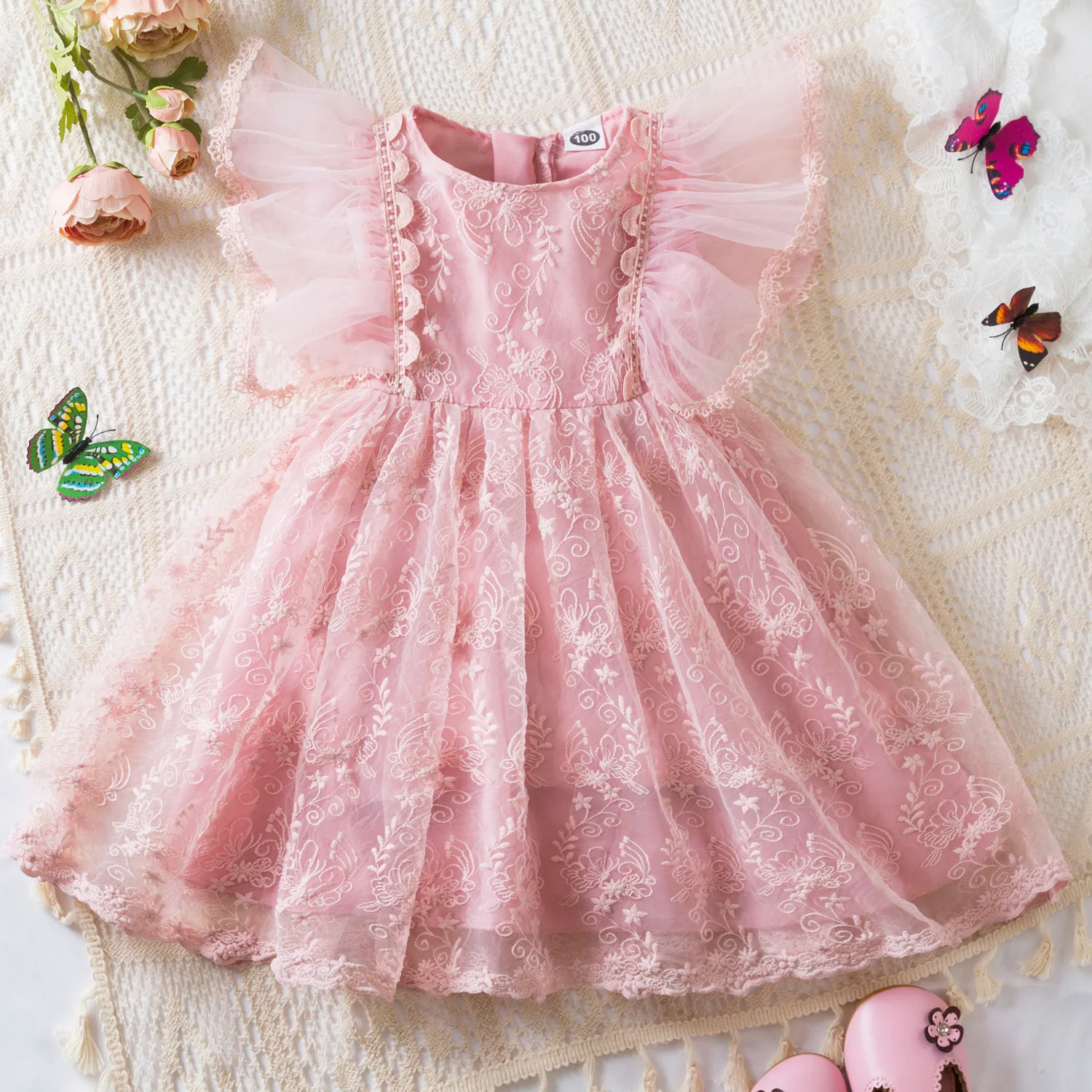 Kids Girls Tulle Pageant Dress Party Bowknot Fly Sleeve Lace Embroidery Costume Gown Dresses Dress up Princess Little Girls 1-6Y