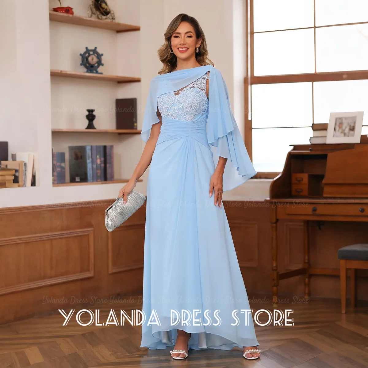 Yolanda Women's Wedding Party Lace Applique Ruched A-line Wedding Guest Dresses Two-Piece with Cape Evening Gown Customized 2026