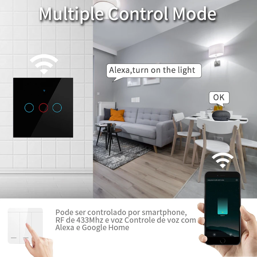 Tuya Smart WiFi Switch Work With Alexa Google Home No Neutral Wire Wireless 433Mhz Remote Touch Sensor Panel Switch 1/2/3Gang EU