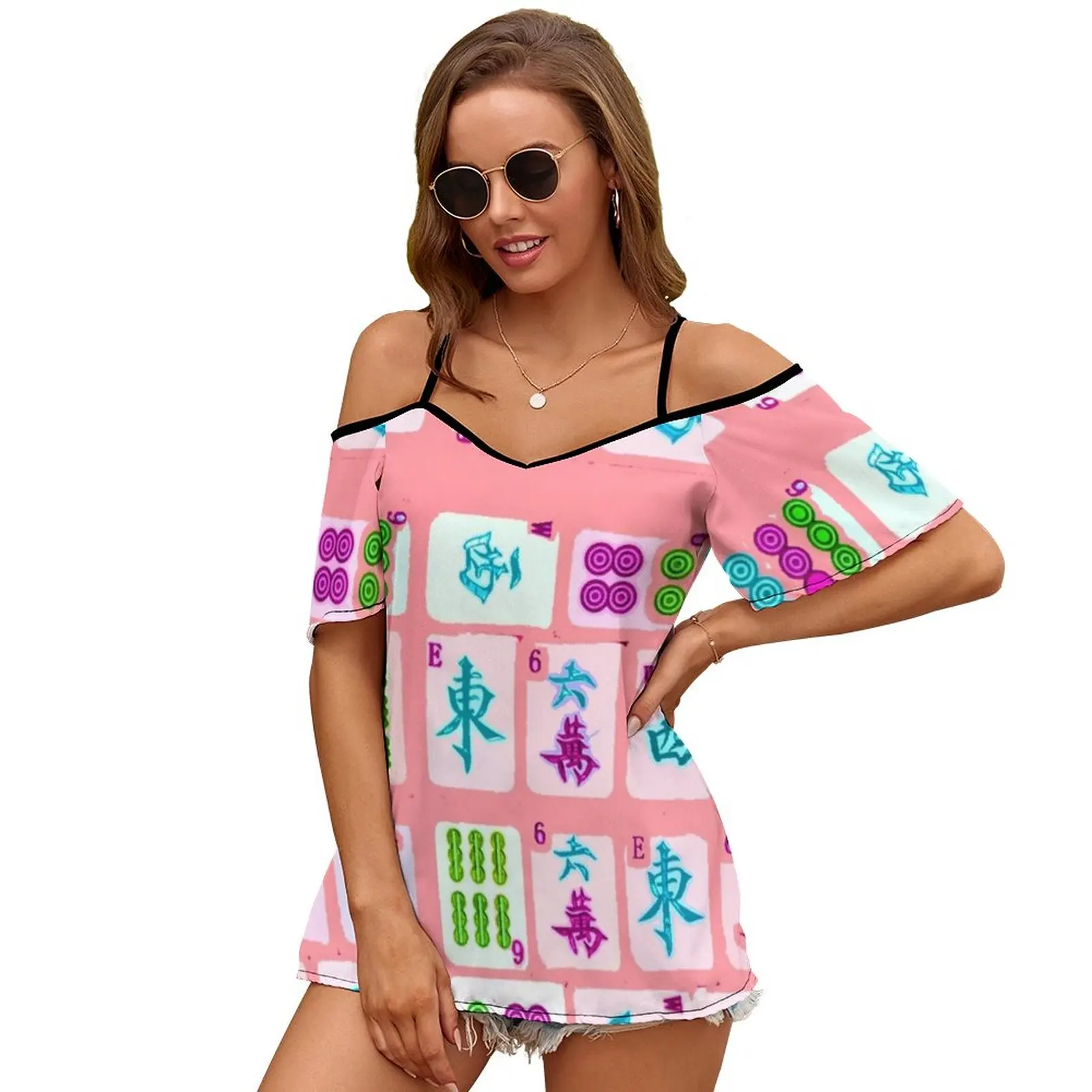 Pretty In Pink Women Zipper Sexy Printed Vintage T Shirts Tops Full Print T-Shirt Mahjong Mahjongg