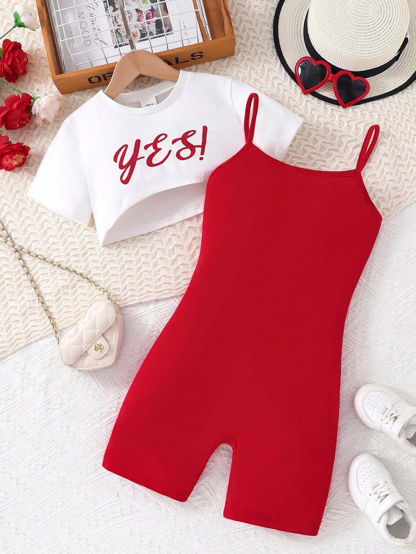 2 Pcs Of Girl Set Summer Children Clothing European And American Style Printed Short Sleeved Top+Suspender Jumpsuit Ages 8-12