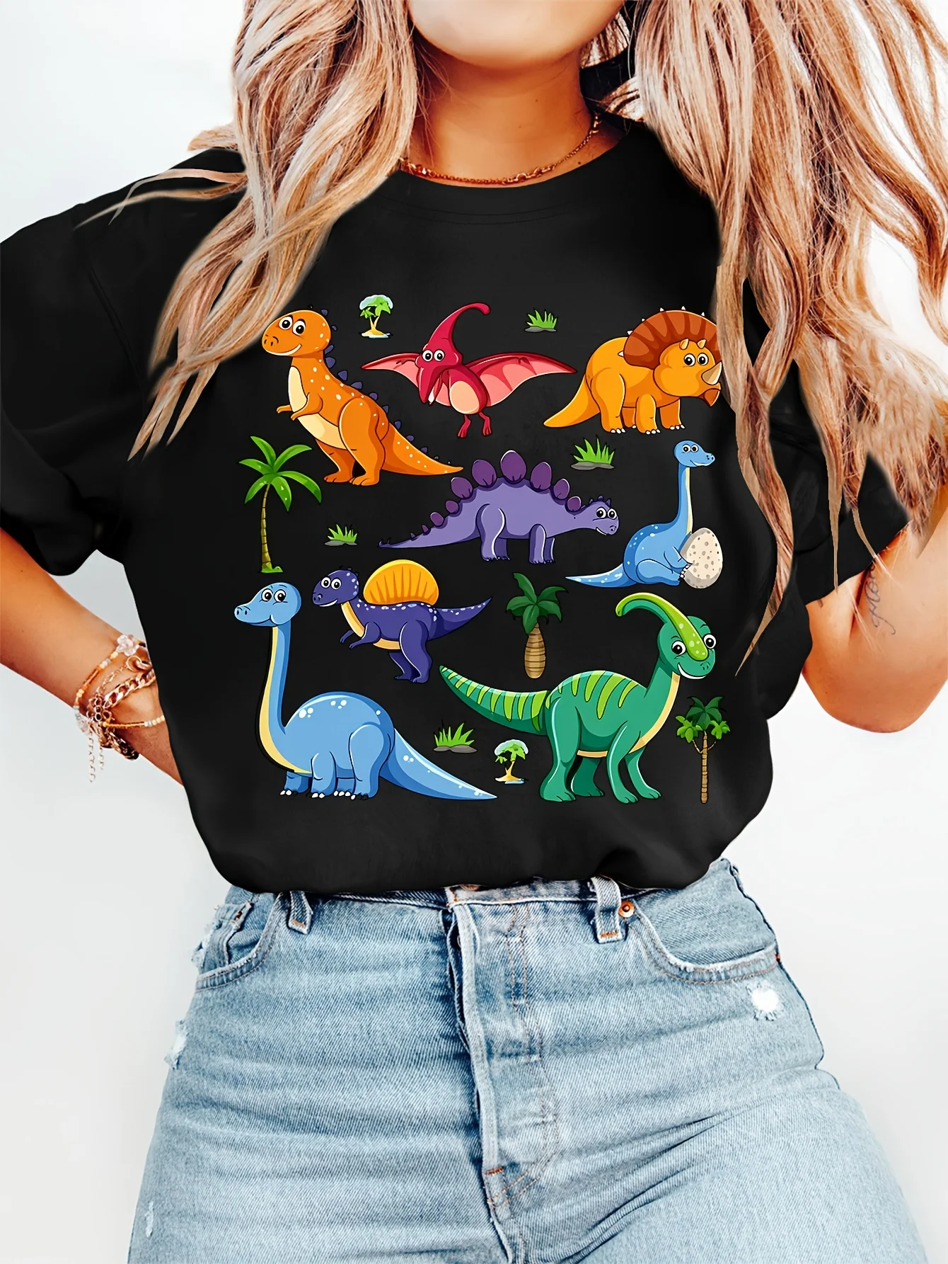 Women Crew Neck Tee Cartoon Dinosaur Collection Palm Tree Graphic Print Short Sleeve Loose Ladies Cotton Plus Size Casual Top