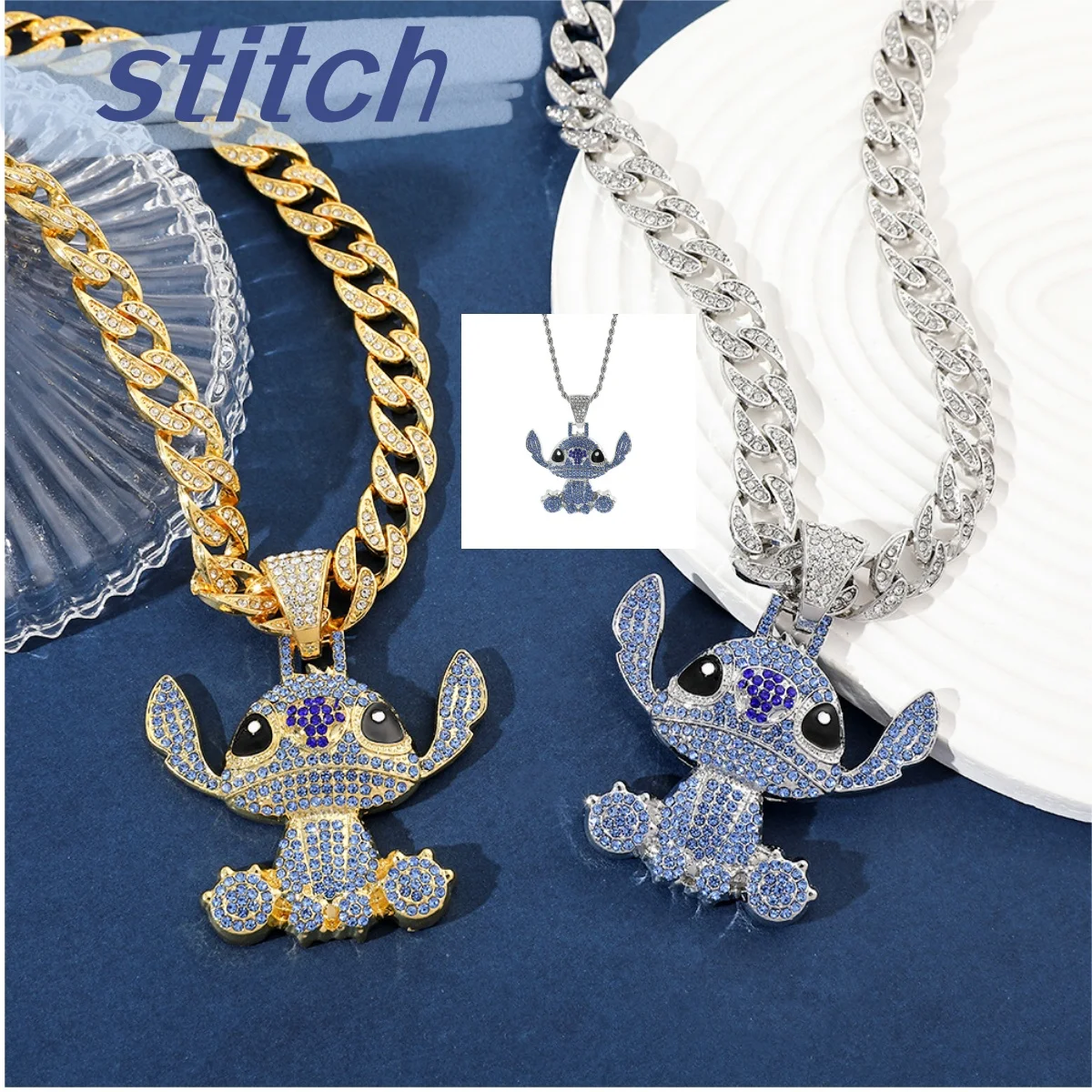 collana girocollo Stitch Disney per uomo e donna Collana con ciondolo cubano punto diamante accessori personalizzati Halloween