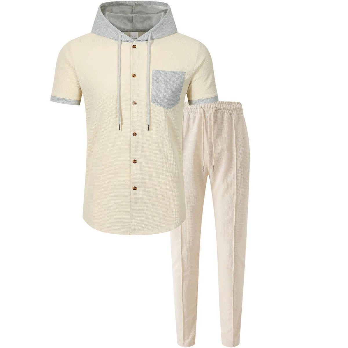 Cross-border Amazon independent website men's new waffle knit hooded small zipper casual long-sleeved top and long pants two-pie view 5