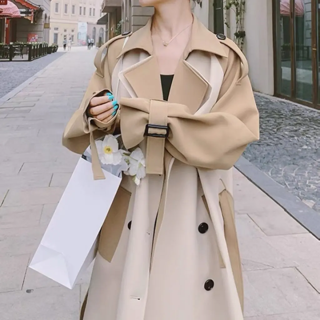 

Elegant Women's Trench Coat Mid-Length Autumn Fashion High-End Sense Contrast Color Stitching Over-the-Knee Windbreaker