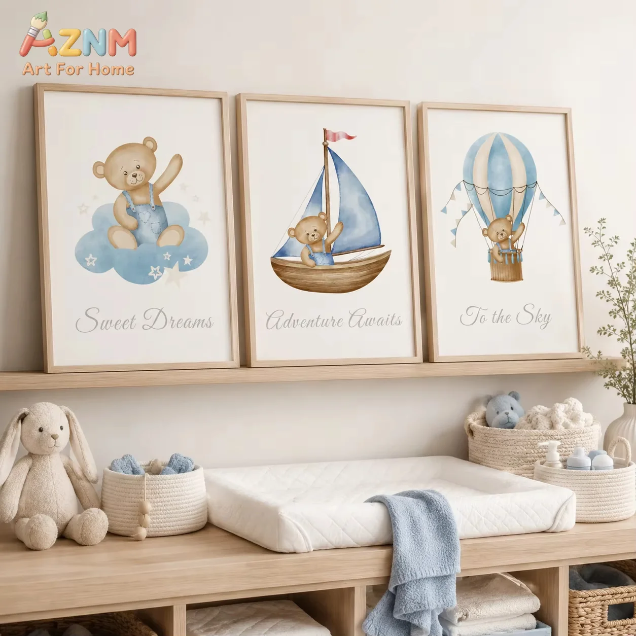 AZNM Inspirational Nursery Wall Art, Cute Teddy Bear Canvas Painting, Nordic Animal Poster Print for Room Decor
