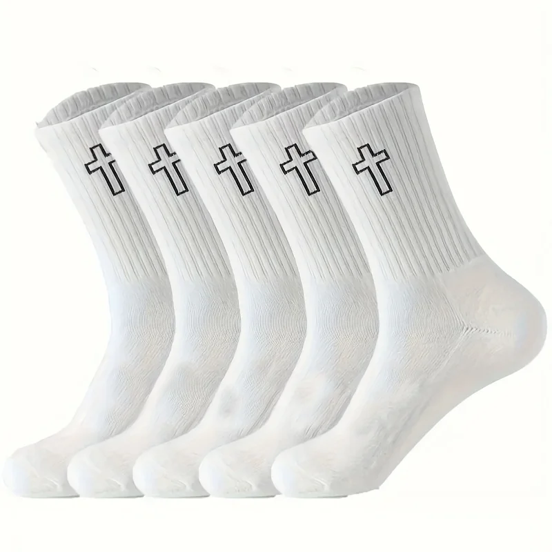 5/10 Paar hochgeschnittene, solide Sportsocken für Herren, atmungsaktive Unisex-Freizeitsocken mit mittlerer Wade, schwarz/weiße Kreuz-Paarsocken für die ganze Saison – Detail 4