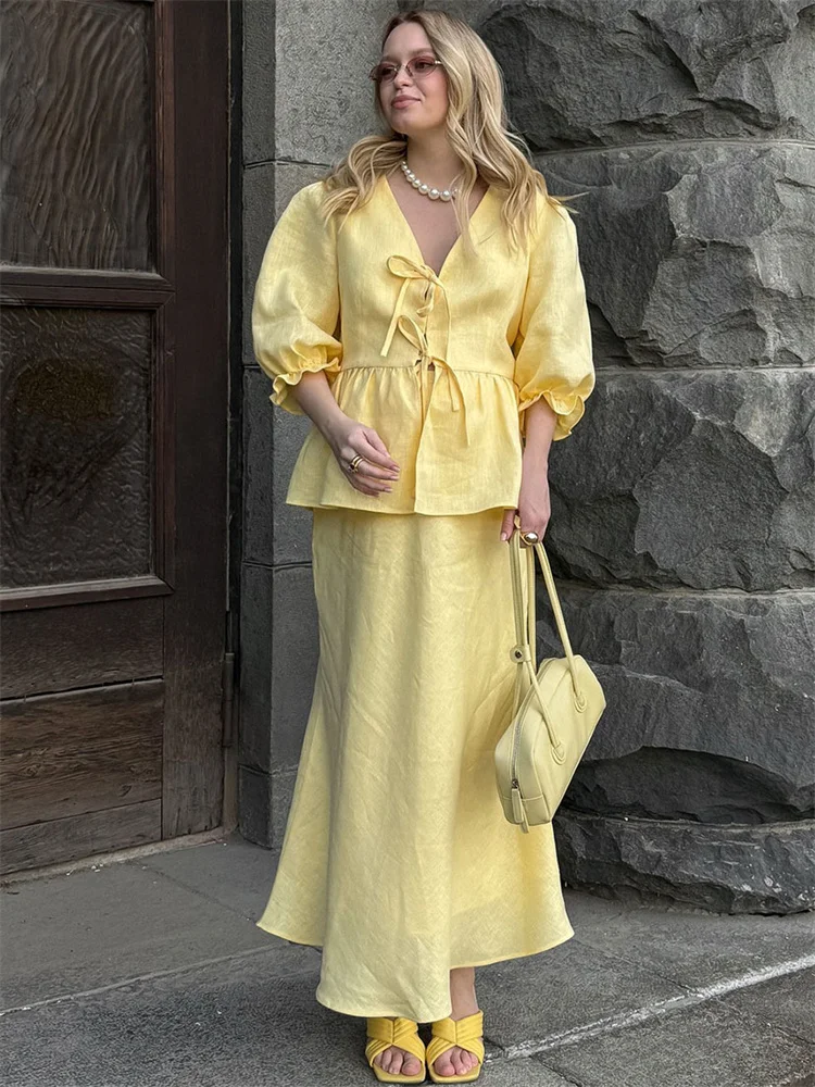 

BWQ Летняя макси-юбка с рюшами для женщин, рубашки с короткими рукавами и v-образным вырезом на шнуровке, топ и тонкая длинная юбка с высокой талией