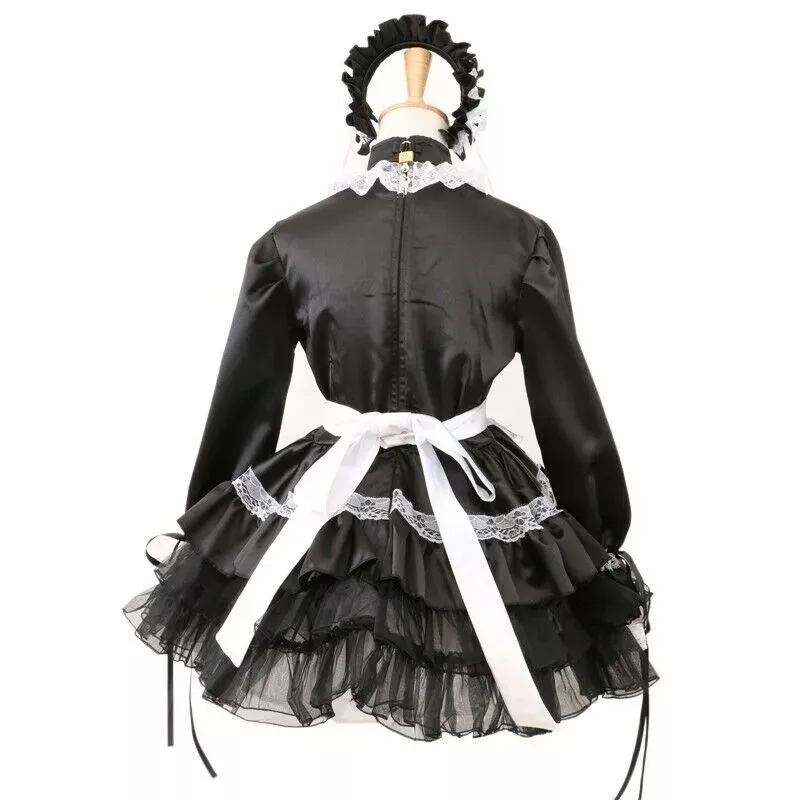 Sissy sexy girl maid black satin lockable chiffon fluffy dress cosplay Halloween party customized