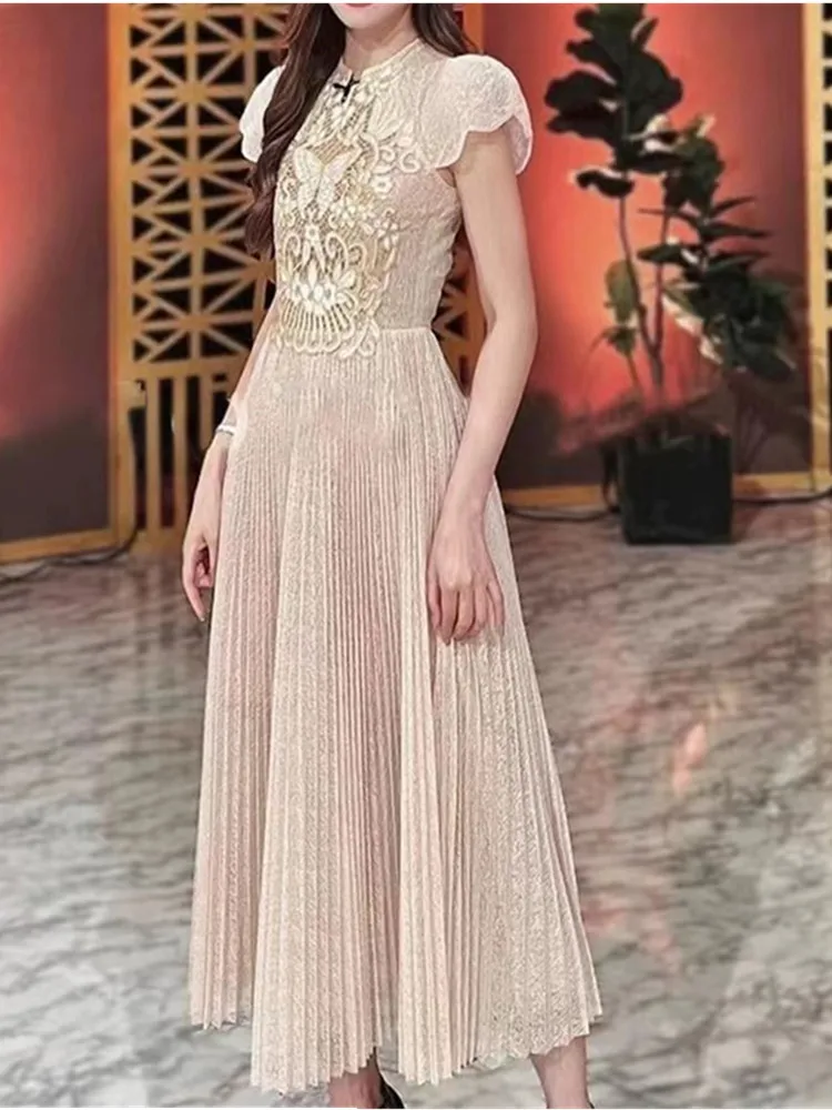Robe brodée en dentelle évidée pour femme, manches courtes, patchwork, taille fine, longue, robe édu