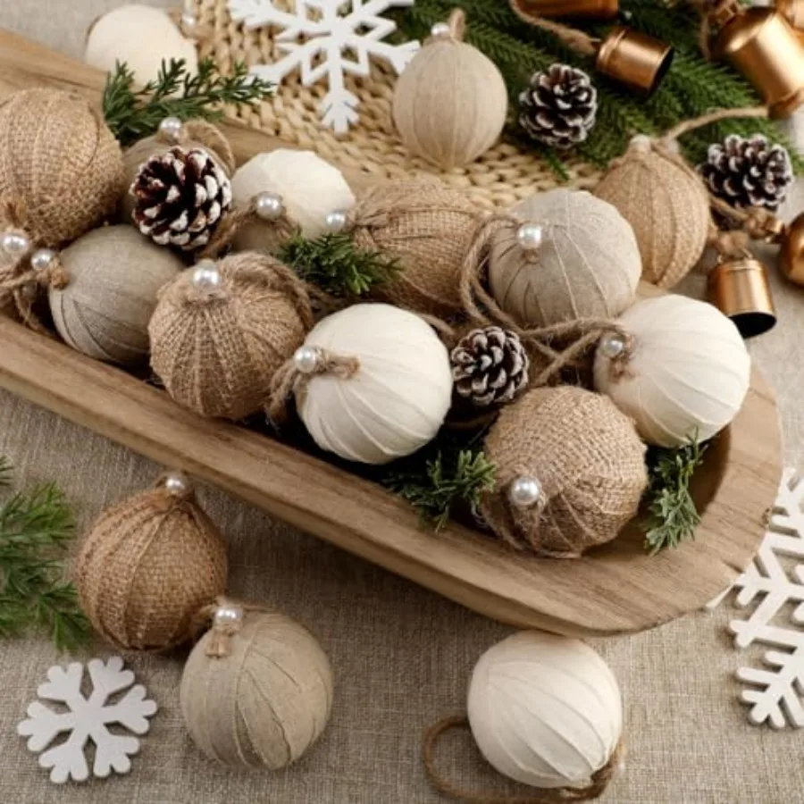 

Набор из 10 небьющихся елочных шаров в деревенском стиле, нейтральные украшения для рождественской елки, текстурированные шары из мешковины для Нового года