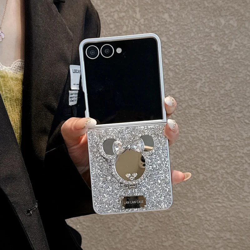 

Luxury Glitter Silver Cute Mickey Mirror Stand Phone Case For Samsung Galaxy Z Flip 7 6 5 ZFlip5 ZFlip6 Back Cover Cartoon Cases