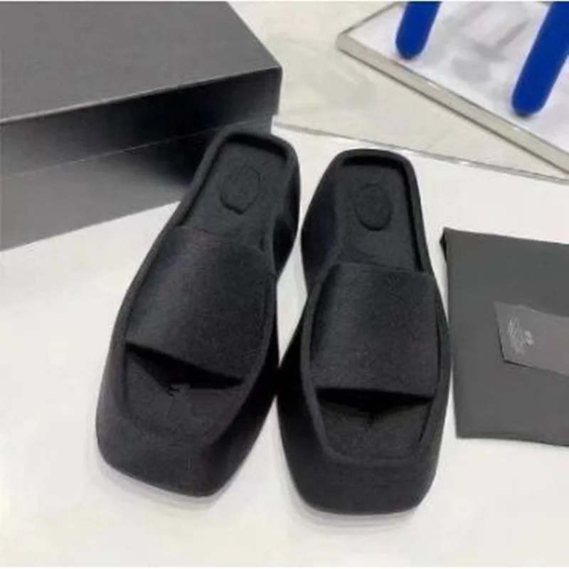 2023 Summer Brand New Women Single Band Platform Sandals Black Nylon Chunky Platform Wedges Slipper Sandals