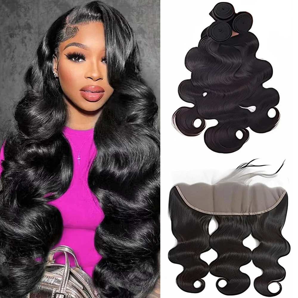 Body Wave Bundles Brazilian Hair Weave 3 Bundles with 13x4 Frontal Virgin Remy Human Hair Bundles 28 30 32 inches Hair Extension