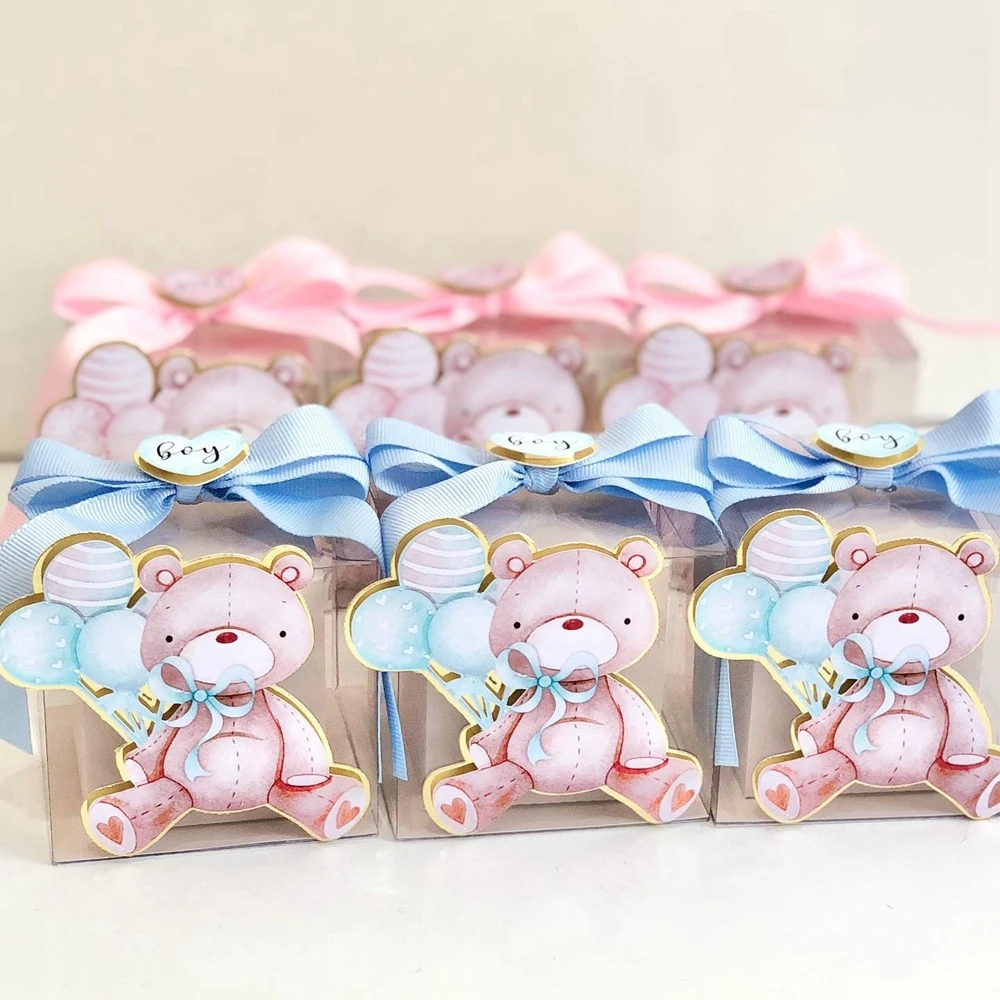 50pcs Pink Blue Balloon Bear Stickers Paper Tags for Baby Shower Kids Happy Birthday Party Decorations Gifts Packaging Supplies