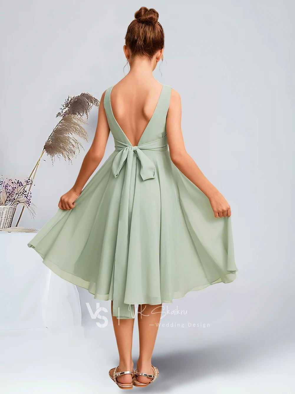 Elegant A-Line Square Knee-Length Chiffon Junior Bridesmaid Dresses Celadon Charming Flower Girl Dresses Party Wedding Kids