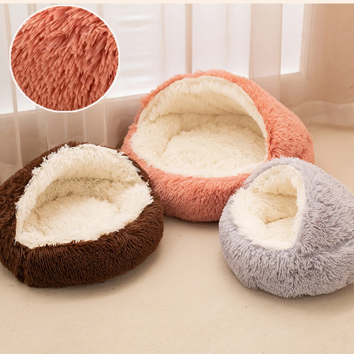 Plush Long ﻿Round Cat Bed Warm Comfortable Winter Long Plush Pet Cat Bed Round Semi Enclosed Cat Nest For Small Dogs Sleep Bag