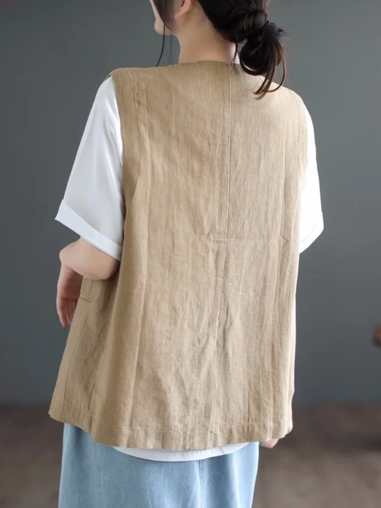 캐주얼 루즈 코튼 린넨 베스트 여성 여름 예술적 브이넥 슬림 탑 다용도 컬러 단일 버튼