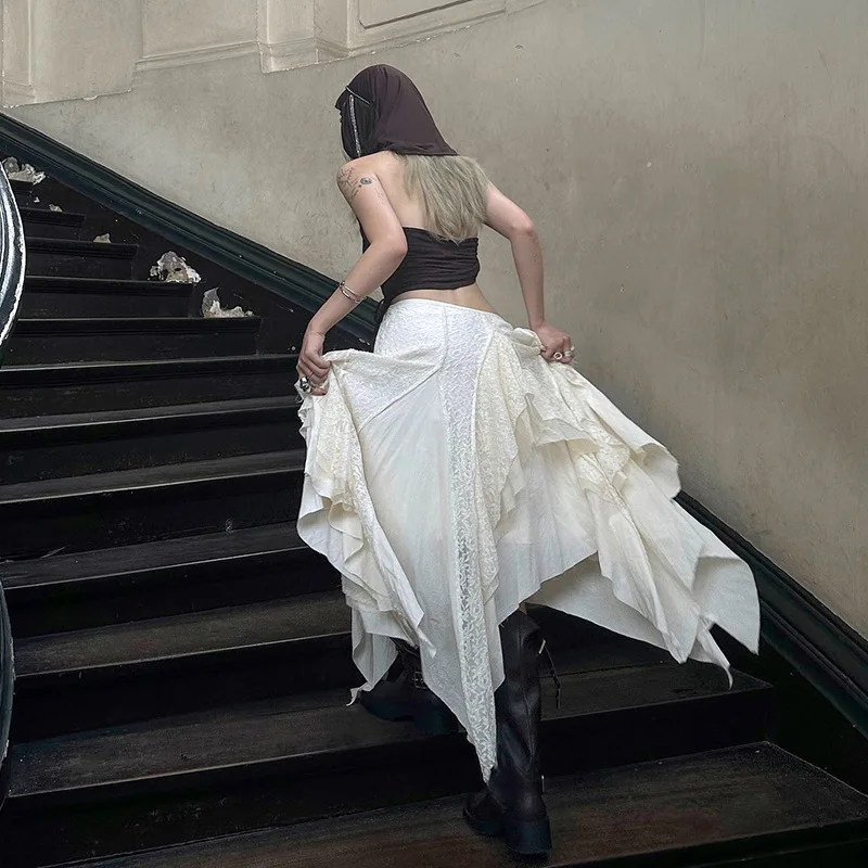 

Постапокалиптическая юбка с кружевной отделкой, асимметричная, с низкой талией, А-силуэта, с нерегулярными оборками, струящаяся