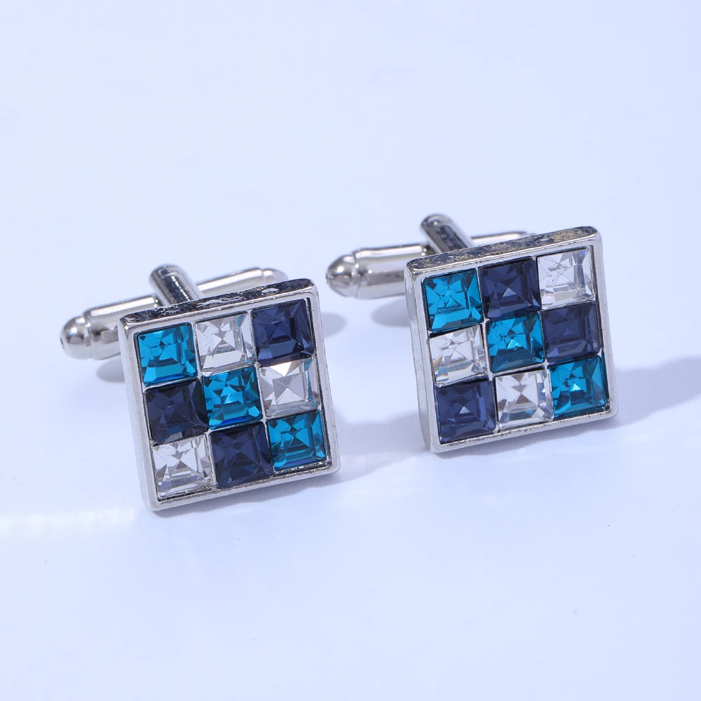 Fashion Brand High Quality Novelty Luxury Blue Green White Rhinestone Cufflinks for Mens  Crystal Silvery Shirt Cuff Links