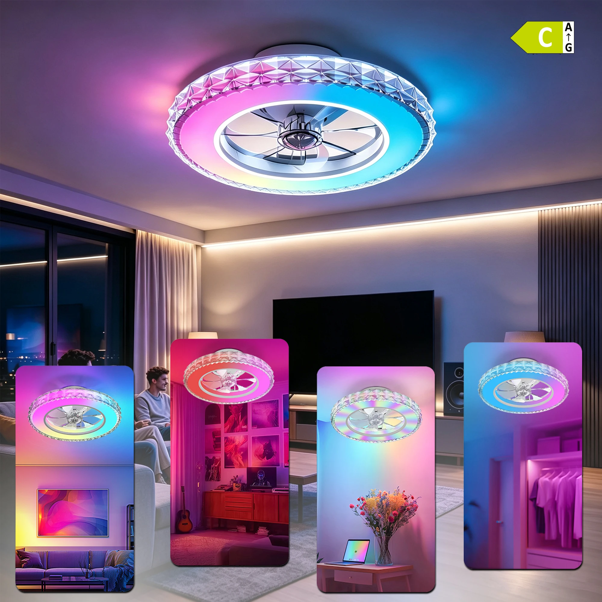 Ventilateur de plafond avec éclairage RGB E27, cadre cristal, grand modèle à 7 pales, 3 tubes de couleur 30 W, 7 couleurs RGB, 6 modes d'éclairage, télécommande, niveau sonore inférieur à 35 dB, idéal pour une chambre.