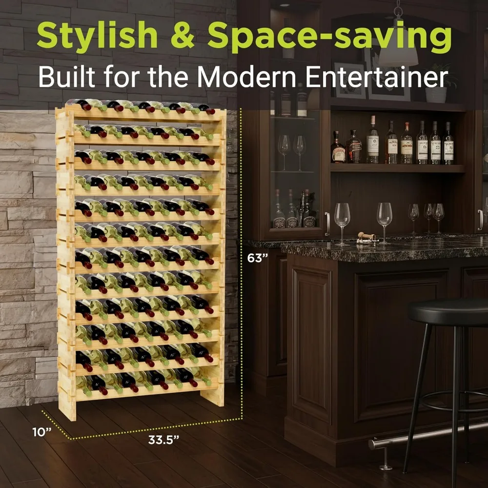 Stackable Bamboo Wine Rack, 108 Bottle Capacity, Easy No-Tool Assembly for Kitchen or Bar Storage