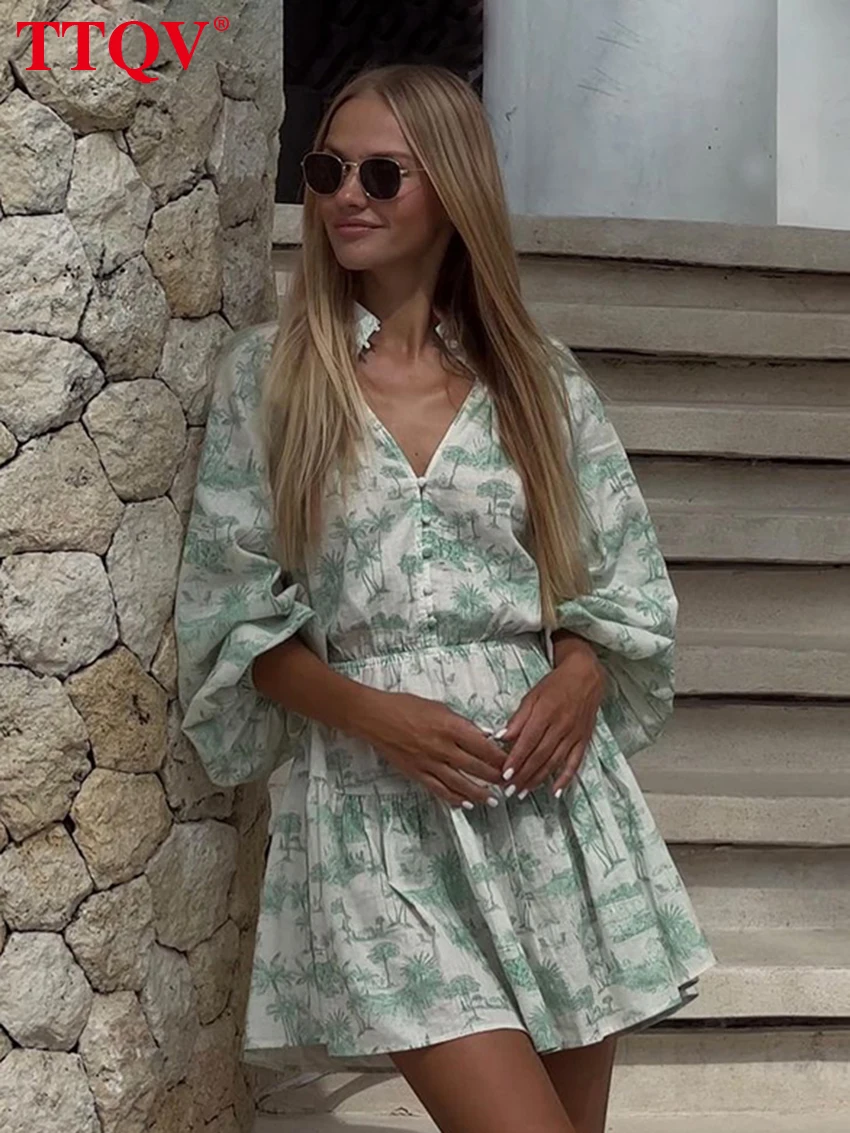 

TTQV Summer Loose Print Women's Dress 2026 Fashion Stand Collar Puff Sleeve Mini Dresses Elegant Classic Pleated Female Dress