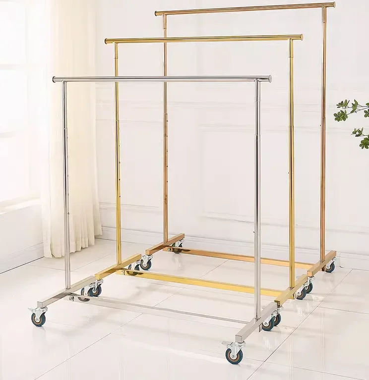 Clothing store display rack, stainless steel lifting rack, island rack with wheels, mobile women's clothing store hanger